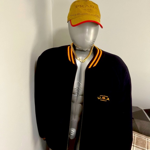 Navy Blue and Gold Ralph Lauren Polo Jeans Bomber Jacket with USA Design